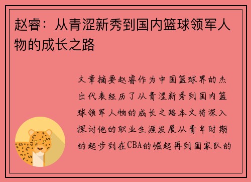 赵睿：从青涩新秀到国内篮球领军人物的成长之路